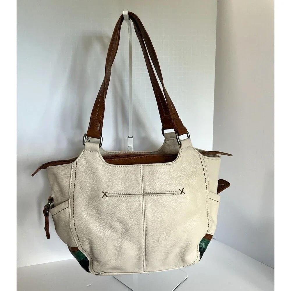 The Sak Kendra Leather Satchel Bag Cream Tan Blue Green Colorblock NWT 1990's